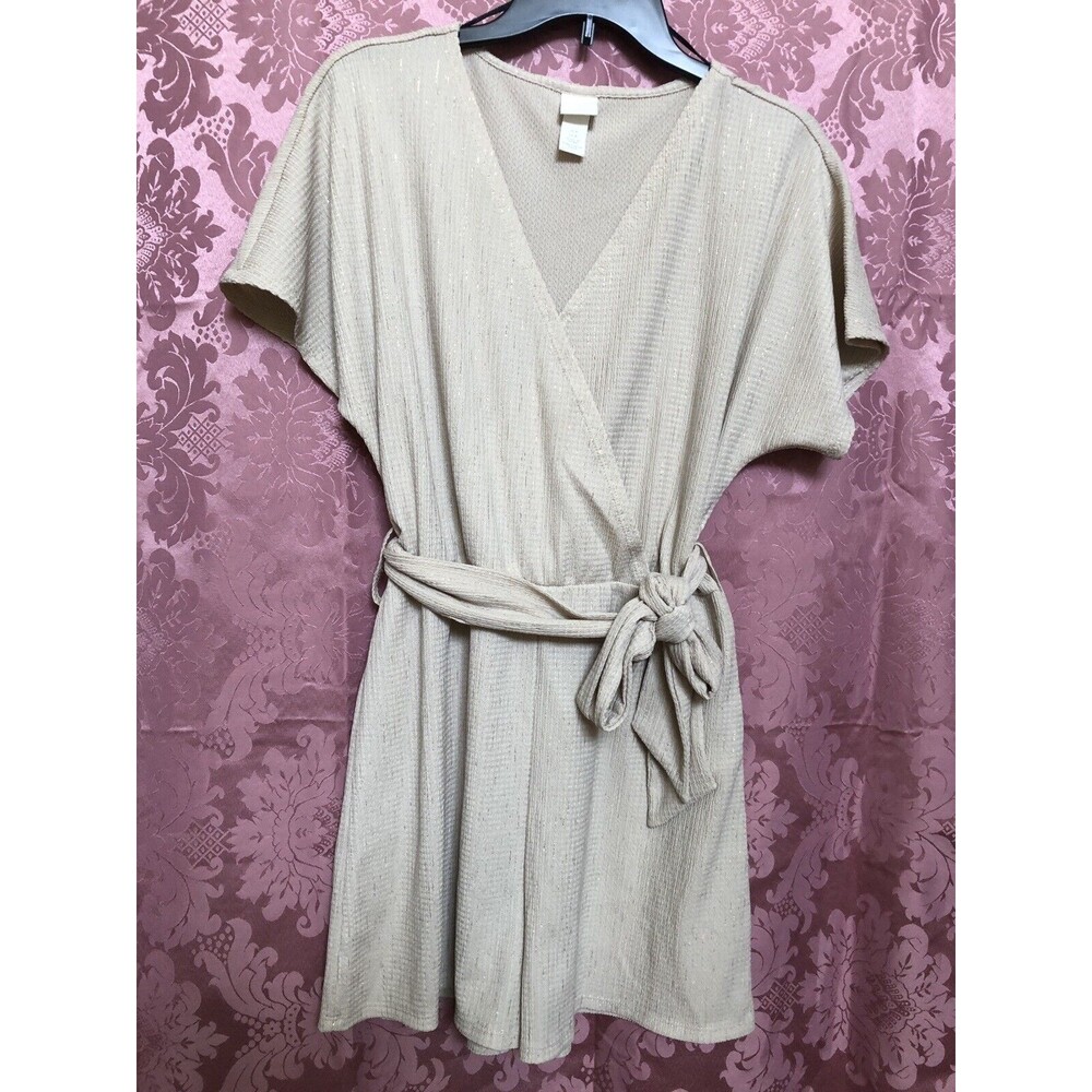 H&M Women Faux Wrap Short Leg Jumpsuit Short Sleeves Beige/Glitter Size M #
